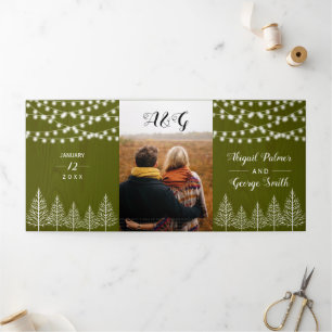 Trees and lights rustic green wood winter wedding Tri-Fold invitation