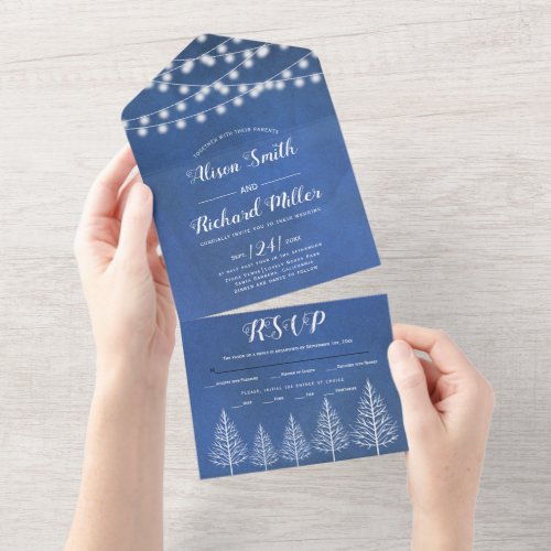 Trees and lights stained blue winter wedding all i all in one invitation