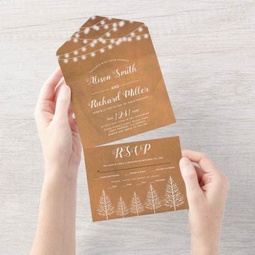 Trees and lights stained brown fall wedding all in one invitation