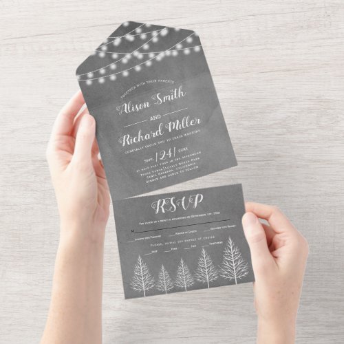 Trees and lights stained gray winter wedding all in one invitation