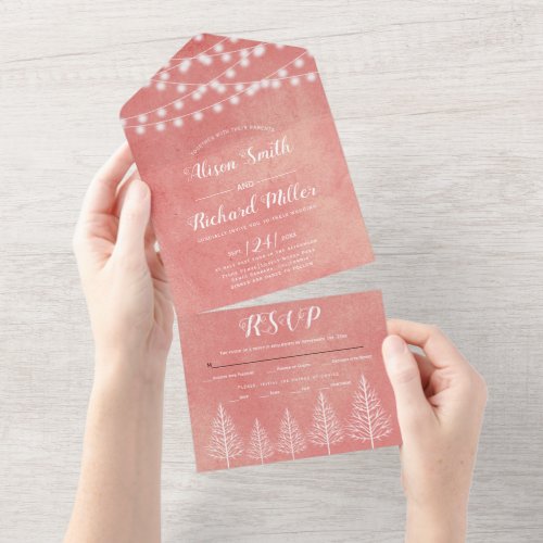 Trees and lights stained pink_peach winter wedding all in one invitation