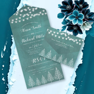 Trees and lights stained teal blue winter wedding all in one invitation