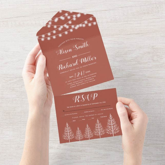 Trees and lights terracotta fall wedding all in one invitation (Tearaway)