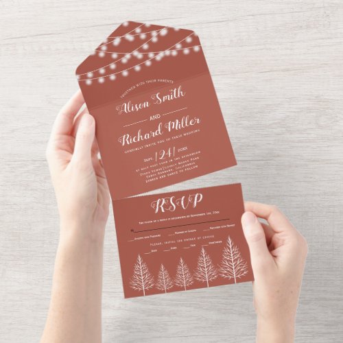 Trees and lights terracotta fall wedding all in one invitation