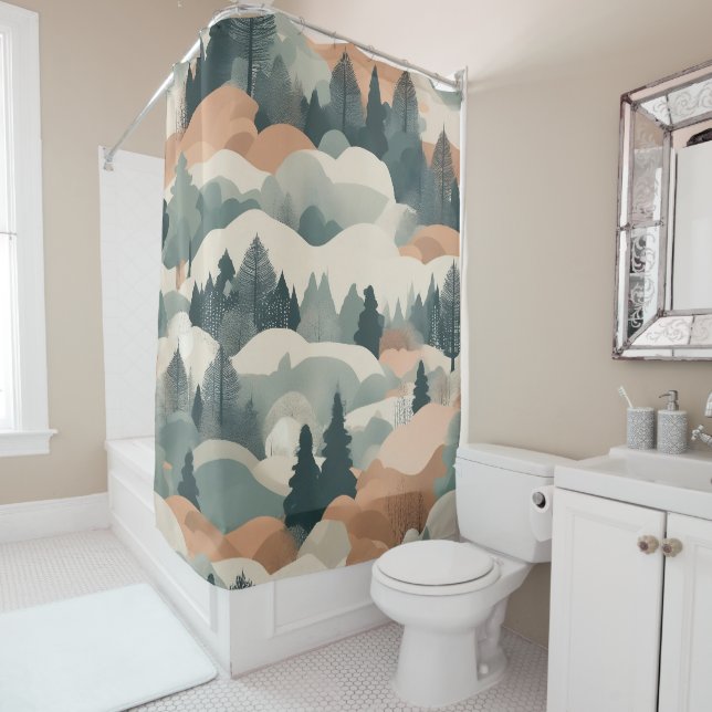 Trees and Mountains Boho Abstract Design Shower Curtain (In Situ)