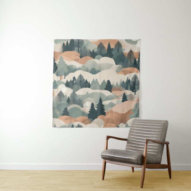 Trees and Mountains Boho Abstract Design Tapestry (In Situ)