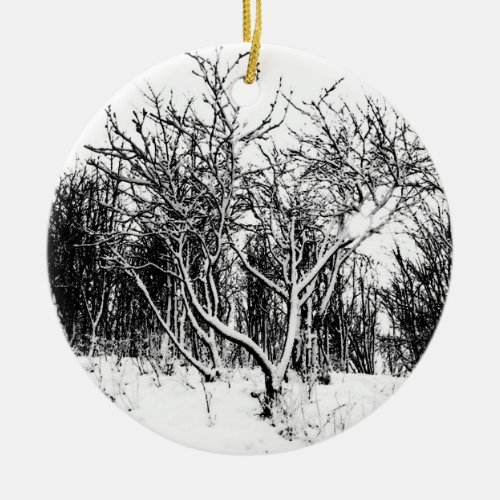 Trees and Snow Scene Black and White Ceramic Ornament