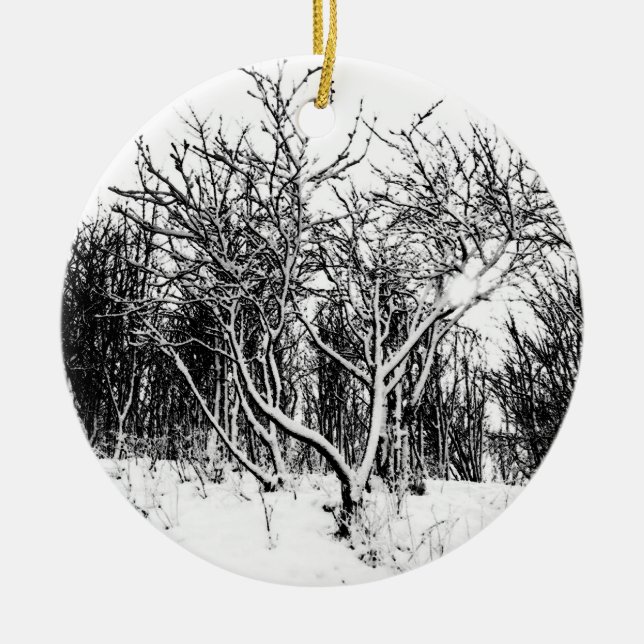 Trees and Snow Scene, Black and White Ceramic Ornament (Front)
