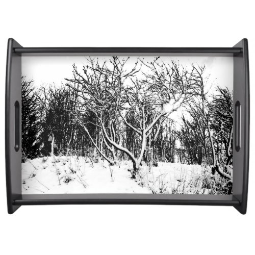 Trees and Snow Scene Black and White Serving Tray