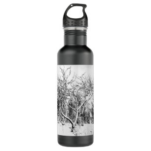 Trees and Snow Scene, Black and White Stainless St Stainless Steel Water Bottle