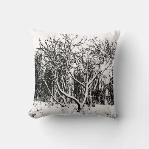 Trees and Snow Scene Black and White Throw Pillow