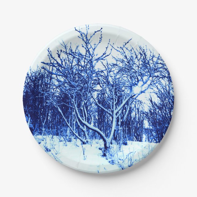 Trees and Snow Scene, Cobalt Blue Paper Plates (Front)