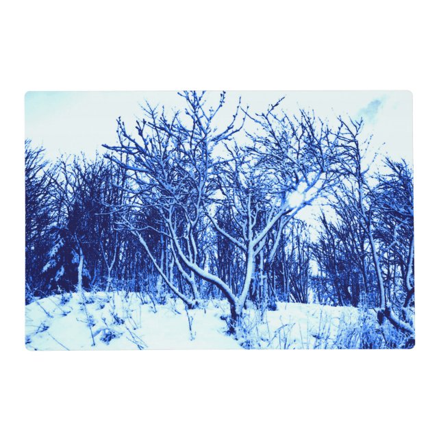 Trees and Snow Winter Scene, Cobalt Blue Placemat (Front)