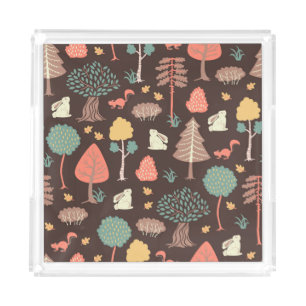 Trees Animals: Hand-Drawn Nature Scene. Acrylic Tray