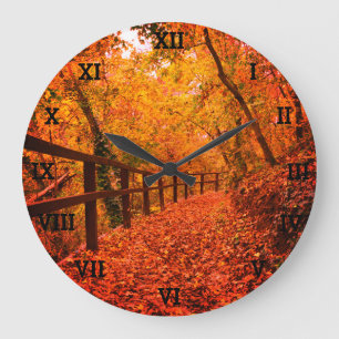 Trees Autumn Fall Leaves Orange Forest Large Clock