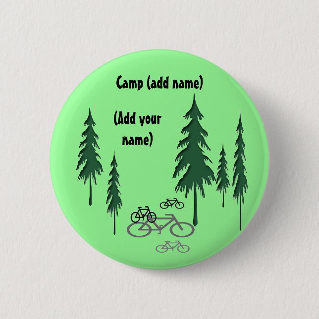 trees, bicycles, (Add yourname), Camp (add name) Pinback Button (Front)