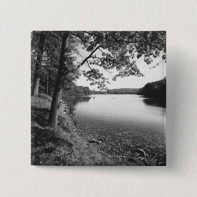 Trees by river B&W Pinback Button (Front)