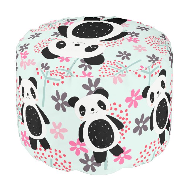 Trees, Flowers, and Panda Bears Pouf (Angled Front)