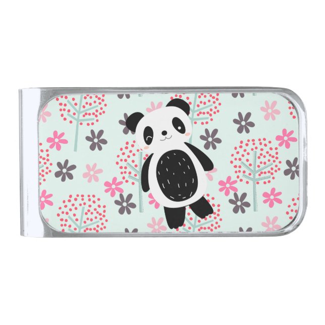 Trees, Flowers, and Panda Bears Silver Finish Money Clip (Front)