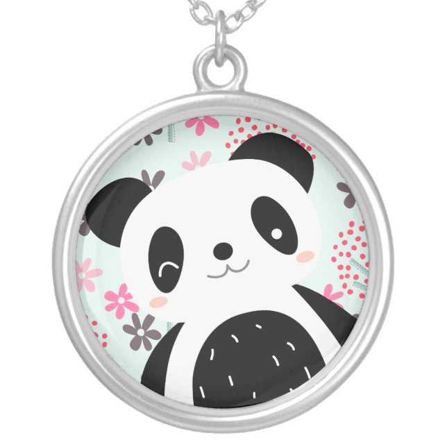 Trees, Flowers, and Panda Bears Silver Plated Necklace (Front)