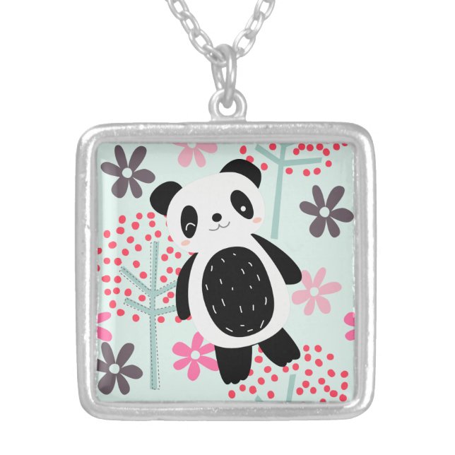 Trees, Flowers, and Panda Bears Silver Plated Necklace (Front)