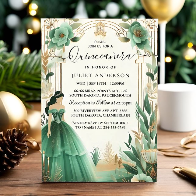 Trees Gold Mint Glam Emerald Green Quinceanera Invitation (Creator Uploaded)