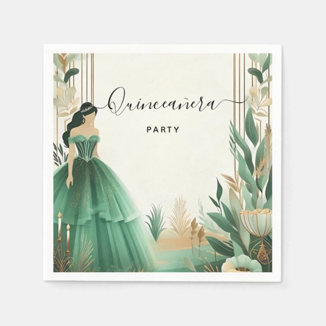 Trees Gold Mint Glam Emerald Green Quinceanera Napkins (Front)
