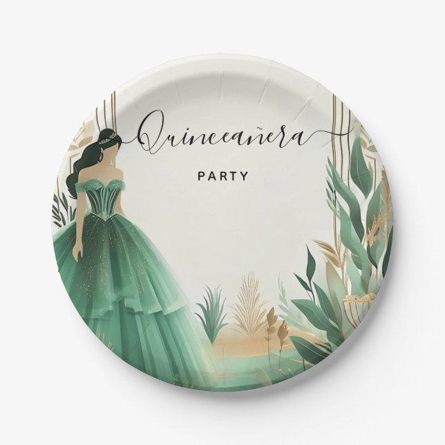 Trees Gold Mint Glam Emerald Green Quinceanera Paper Plates (Front)