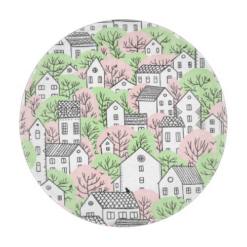 Trees houses spring city landscape cutting board