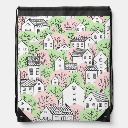 Trees houses spring city landscape drawstring bag