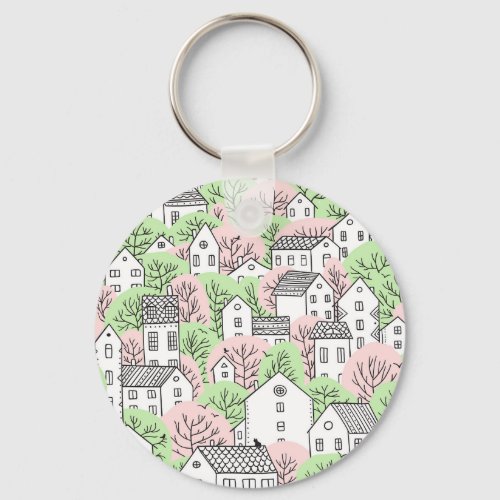 Trees houses spring city landscape keychain