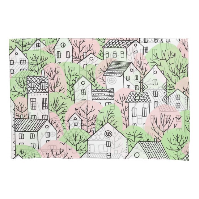 Trees, houses, spring city landscape pillow case (Front)