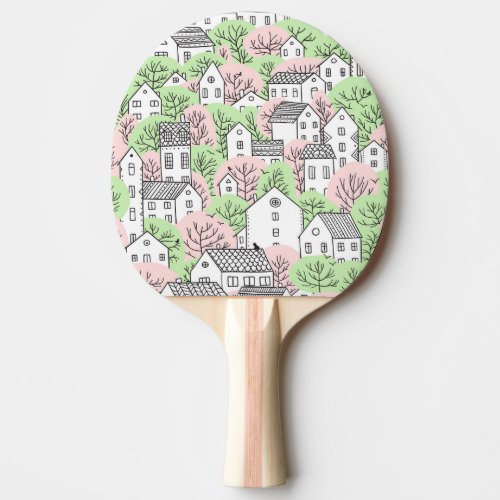 Trees houses spring city landscape ping pong paddle
