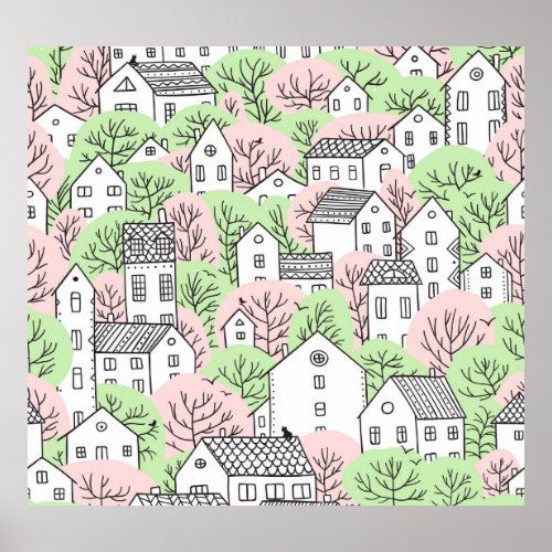 Trees houses spring city landscape poster