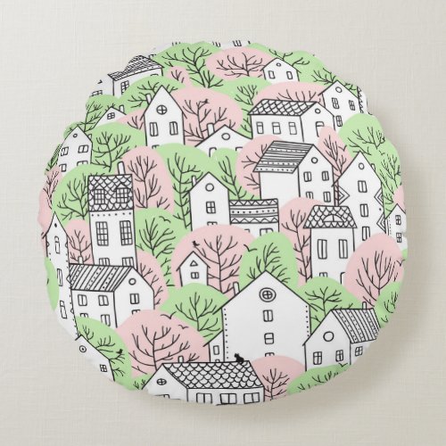 Trees houses spring city landscape round pillow