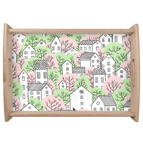 Trees houses spring city landscape serving tray