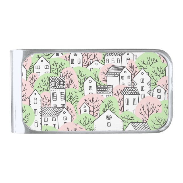Trees, houses, spring city landscape silver finish money clip (Front)