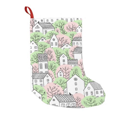 Trees houses spring city landscape small christmas stocking