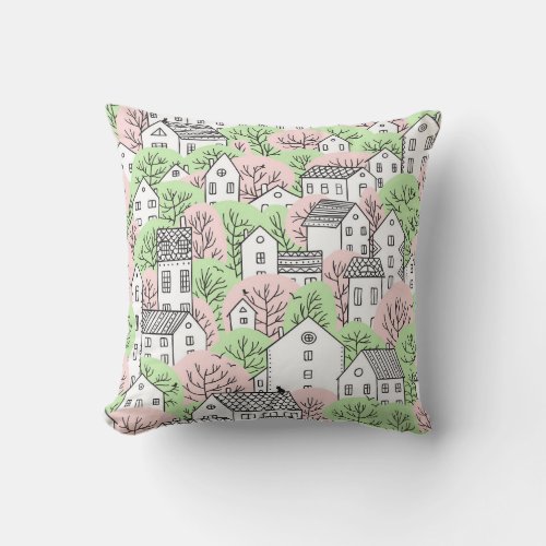 Trees houses spring city landscape throw pillow