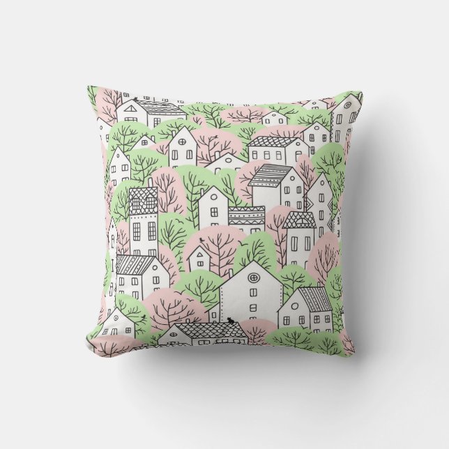 Trees, houses, spring city landscape throw pillow (Front)