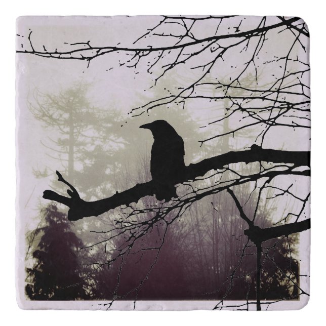 Trees in Fog with a Raven ceramic Tile Trivet (Front)
