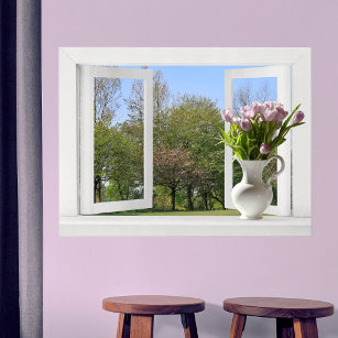 Trees in Springtime - Open Window View with Tulips Poster