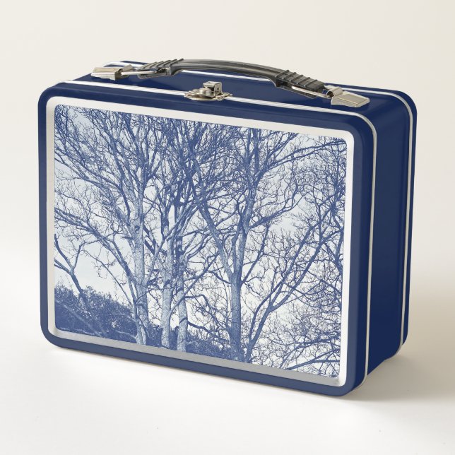 Trees in Winter - Cyanotype Effect Metal Lunch Box (Front)