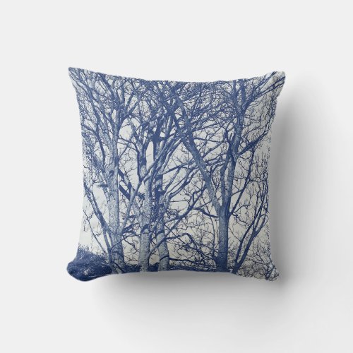 Trees in Winter _ Cyanotype Effect Throw Pillow