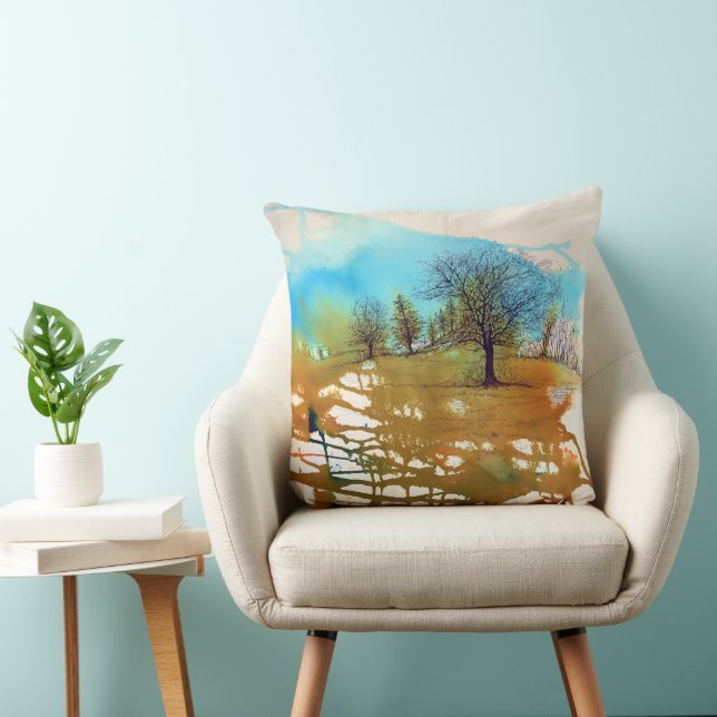 Trees Landscape Watercolor Art Throw Pillow (Chair)