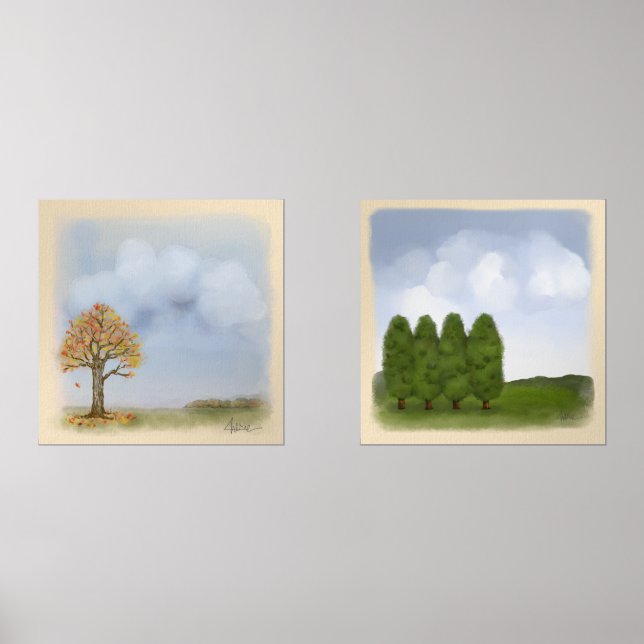 Trees Landscapes Billowing Clouds Watercolor Style Wall Art Sets (Front)