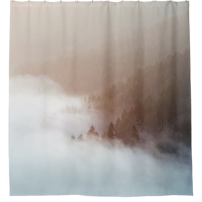 Trees on mountain covered with fogs shower curtain (Front)