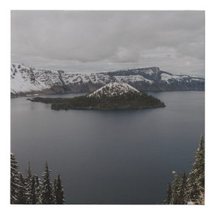 TREES ON SNOW COVERED MOUNTAIN NEAR BODY OF WATER FAUX CANVAS PRINT