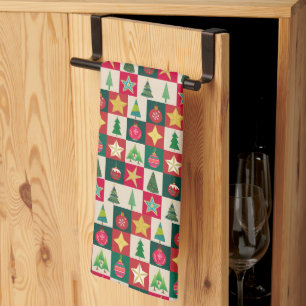 Trees Ornaments and Stars Christmas Collage Kitchen Towel