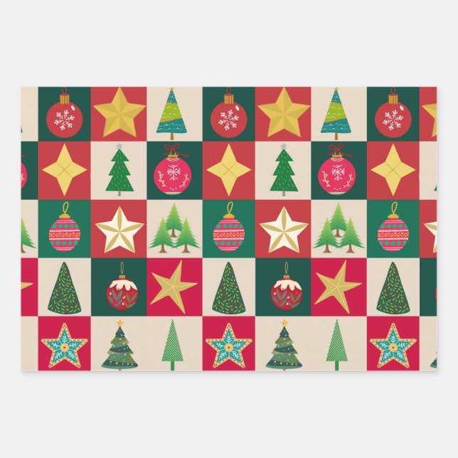 Trees Ornaments and Stars Squares Wrapping Paper Sheets (Front)